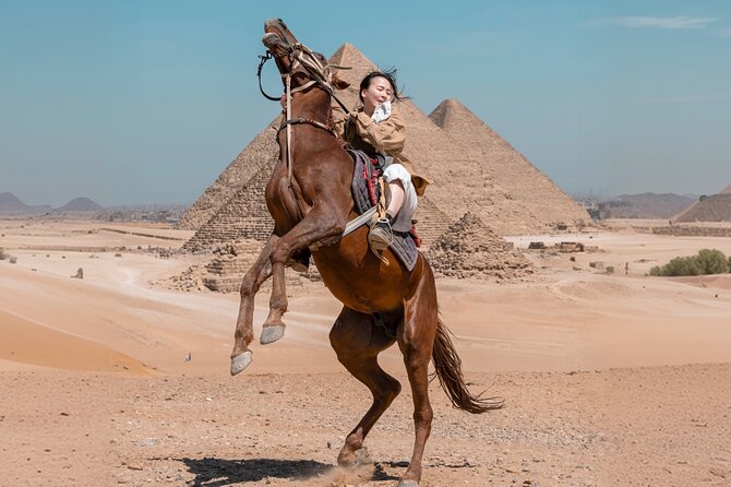 Giza Pyramids Photoshoot with Jumping Horse, Camel and Sphinx - The panoramic viewpoint, camel ride, and horse sequence